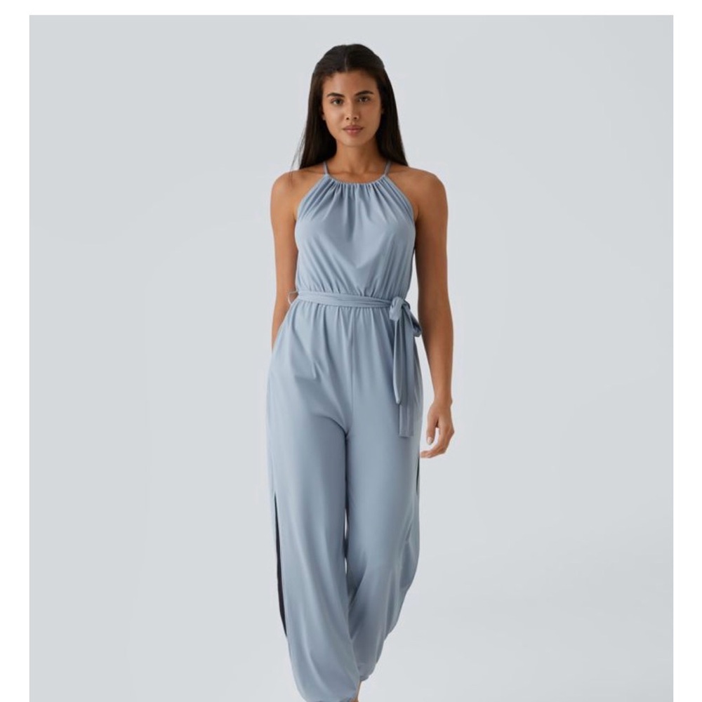 NWT HALARA Sleeveless Light Blue Cut-out Cool-touch Jumpsuit with Tie Waist